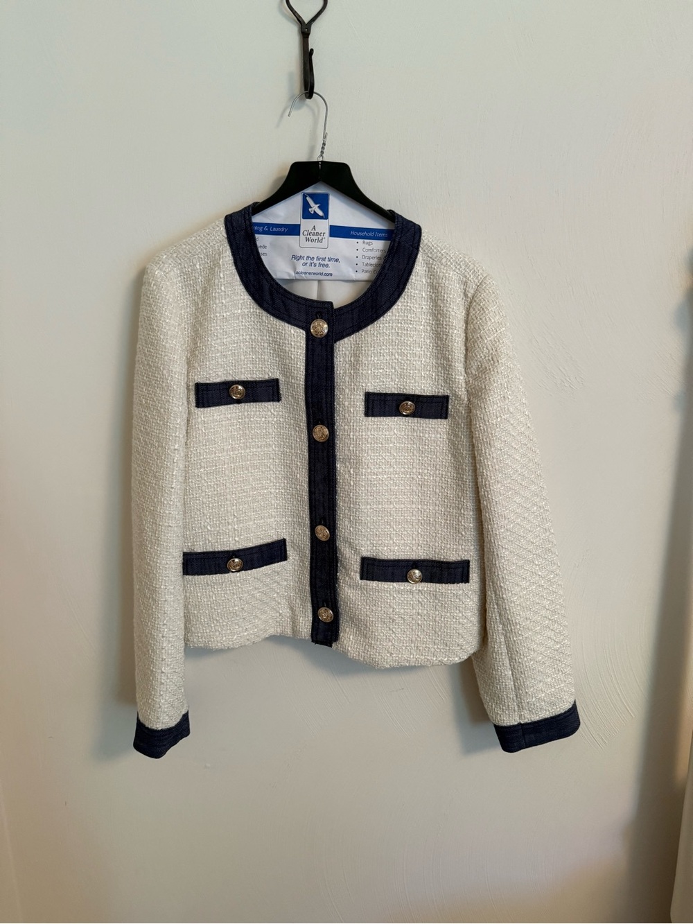 LOFT Cream Tweed Jacket with Navy Trim